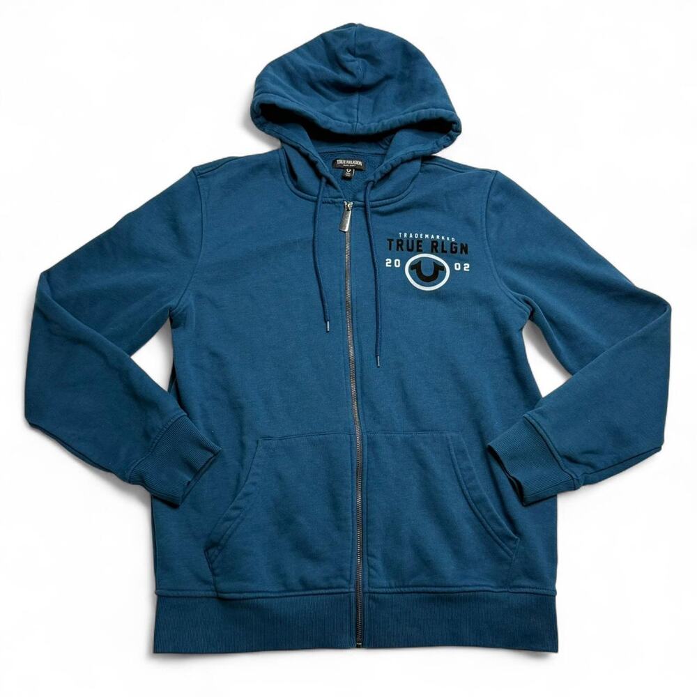 True Religion Blue Zip Hoodie Graphic Logo Sweatshirt Mens Medium